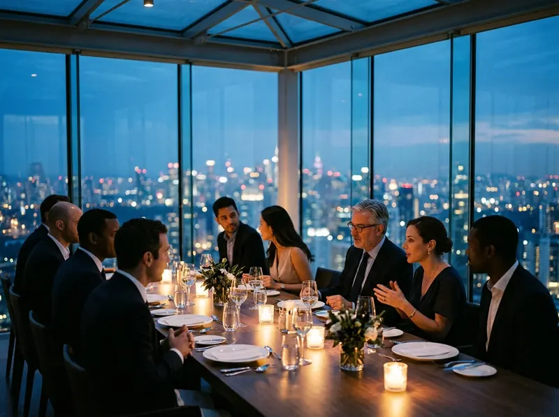 Dîner d’affaires international confidentiel au crépuscule sur un pavillon vitré.