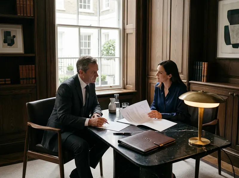 Environnement de conseil financier privé, boiseries sombres et documents stratégiques.