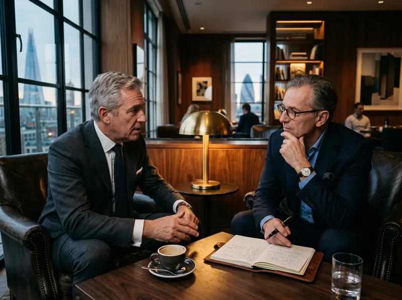 Échange confidentiel et négociation d’affaires dans un salon privé.