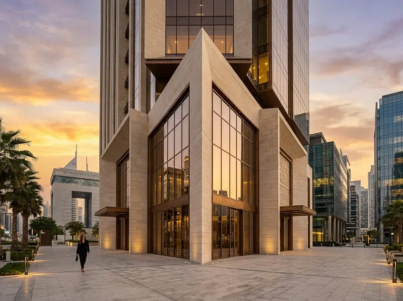 Architecture contemporaine et lignes de calcaire et verre à Dubaï DIFC.